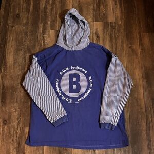 Men’s VTG 1992 B.U.M. Equipment Blue Hoodie with Striped Sleeves Size S-M